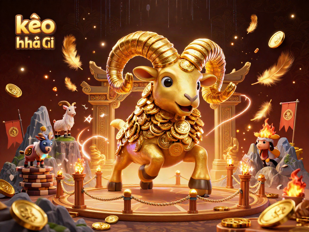 Experience kèo nhà cái with dynamic 3D illustration featuring a charging golden ram and vibrant casino elements.