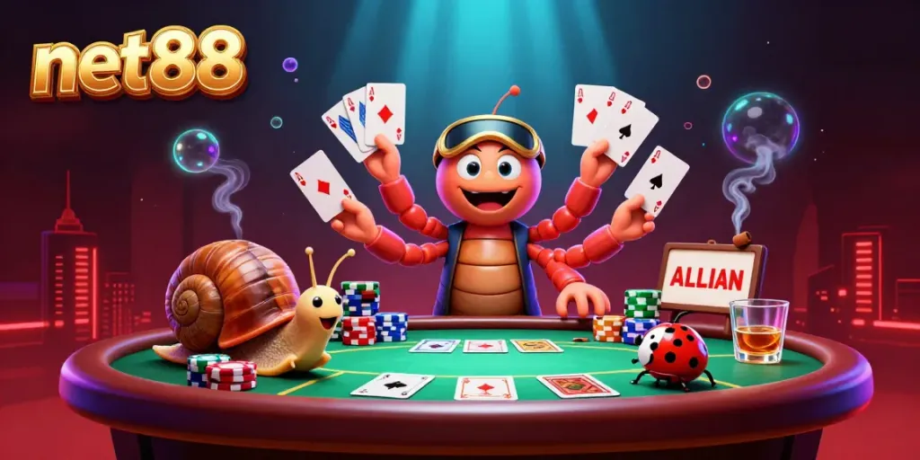 Experience the vibrant atmosphere of net88 with a cartoon millipede dealer, showcasing playing cards and chip stacks in a dynamic casino setting.