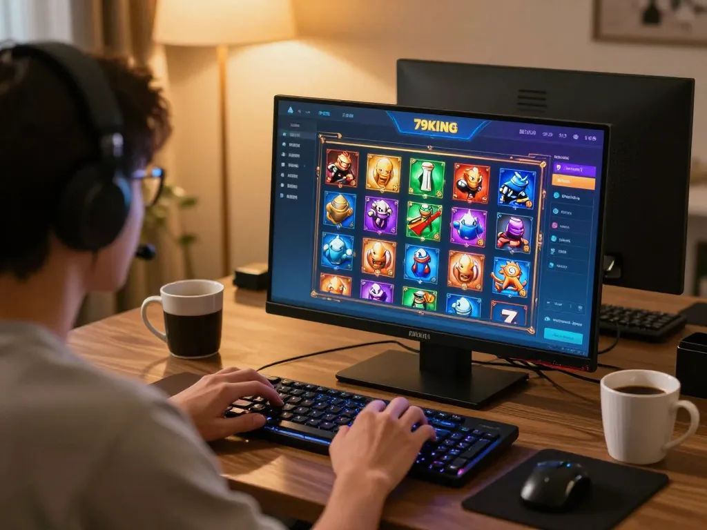Engaging gameplay at 79KING from a cozy home setup with slot game displayed on laptop