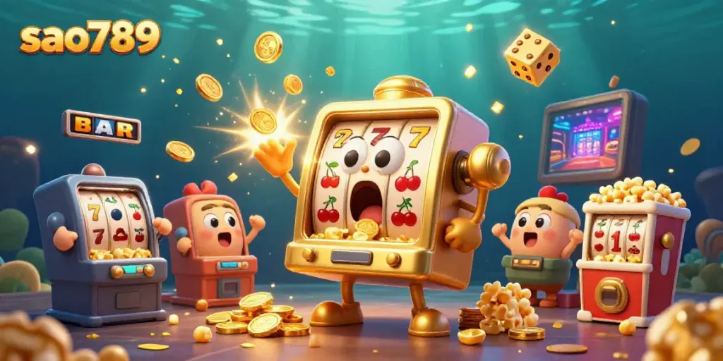Experience the thrill of winning big with sao789's vibrant 3D slot machine illustration showcasing jackpots and excitement.