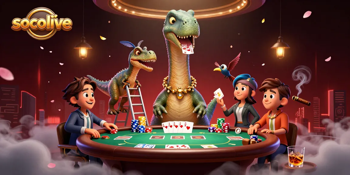 Socolive features a whimsical scene with a brontosaurus and clever raptor dealing cards amidst vibrant poker elements.