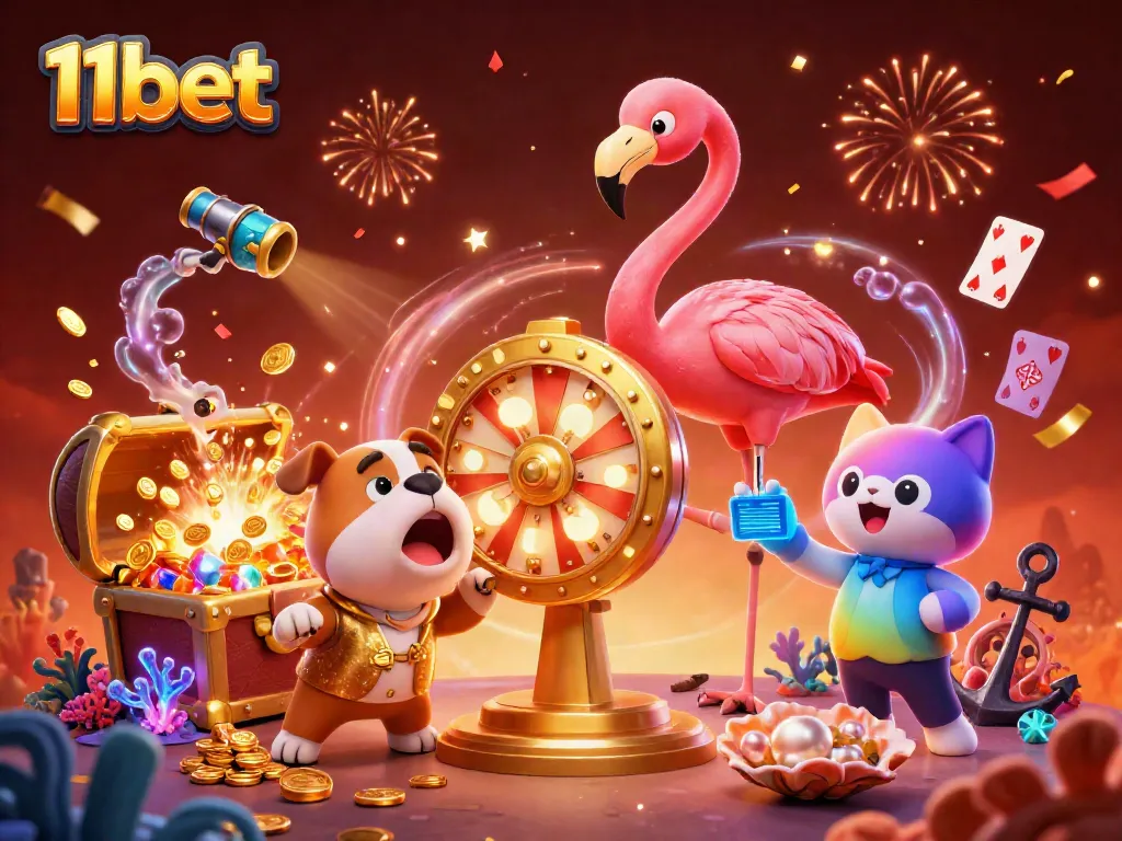 Experience the thrill of winning big at 11bet with vibrant, colorful graphics of spinning prizes and casino elements.