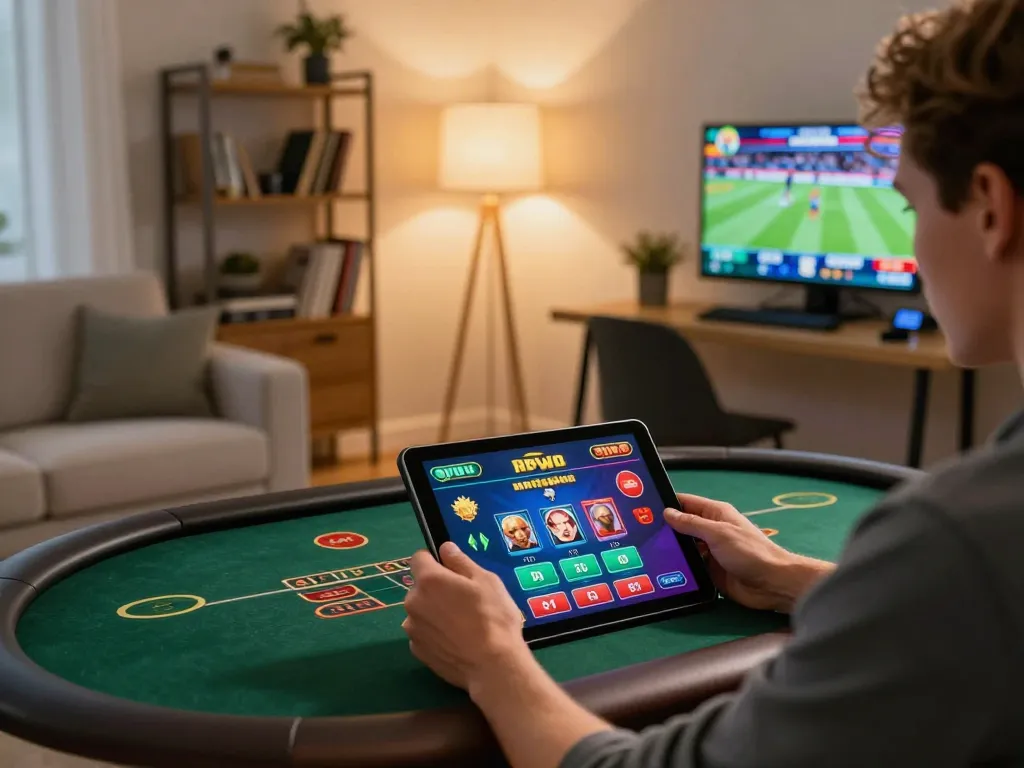 Engaging online poker experience with rr88 on tablet in cozy home setting.