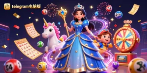 引人入胜的场景展示了telegram电脑版与彩票元素、五颜六色的球和节日气氛。