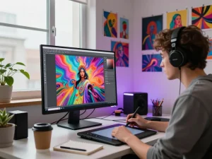 Artist creating AI porn content in vibrant digital studio, showcasing technology and creativity.