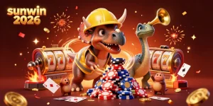 Experience the thrill of winning in sunwin 2026 with a vibrant 3D casino scene featuring joyful characters.