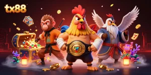 Experience the thrill of tx88 with vibrant characters and slot elements in an engaging casino scene.