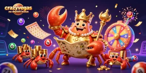Experience the excitement with crazyvegas no deposit bonus, featuring a golden crab emperor surrounded by vibrant gambling elements.